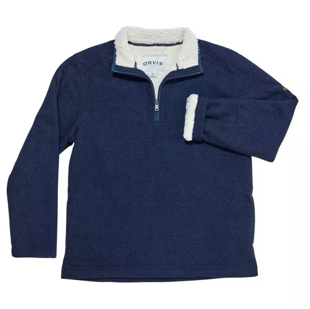 ORVIS Men’s Navy Blue Fleece Sherpa Lined Quarter Zip Pullover Sweater Size XXL